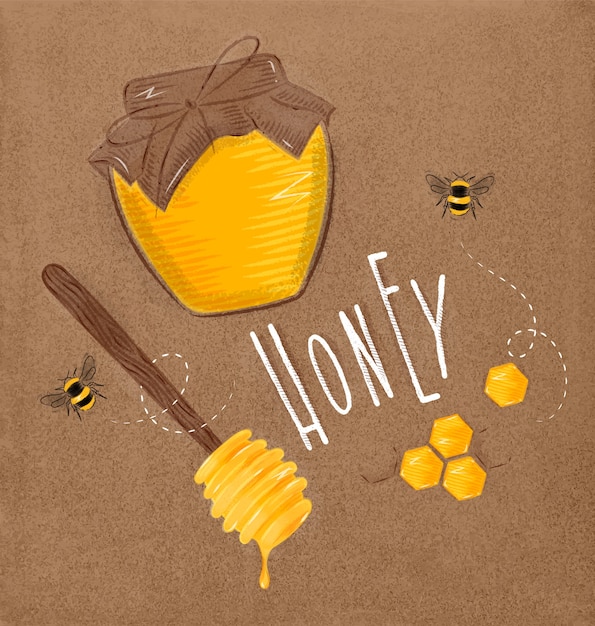 Illustrated elements honey spoon, honeycombs, bank with honey, bees honey drawing on craft Premium Vector