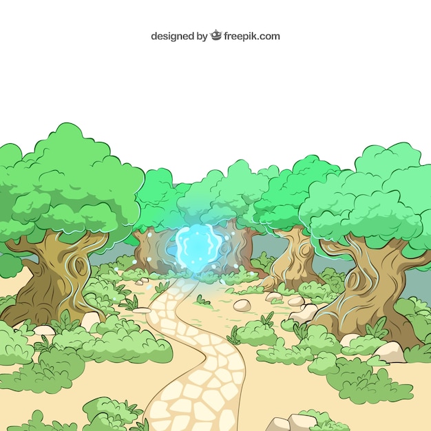 Illustrated forest with a blue light