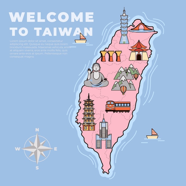 異なるランドマークを示すイラスト入りの台湾地図 プレミアムベクター