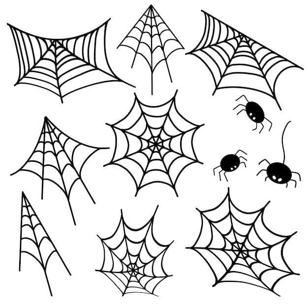イラストハロウィーンの不気味なクモのイラストを印刷するための8つのクモの巣のベクトルアイコン プレミアムベクター