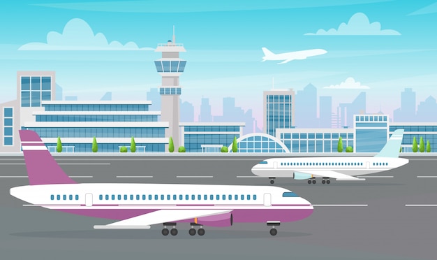 Premium Vector Illustration Of Airport Terminal Building With Big Plane And Aircraft Taking Off On Modern City Background Flat Cartoon Style