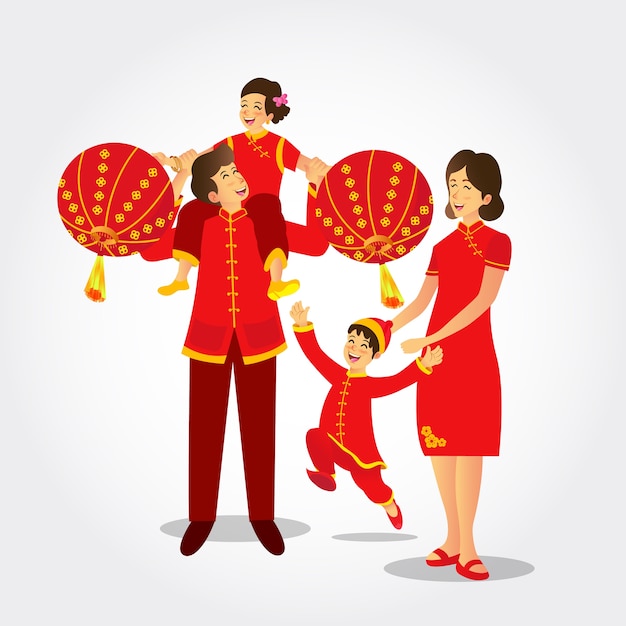イラスト中国の旧正月を祝う中国のランタンを演奏する民族衣装を着ている中国の家族 プレミアムベクター