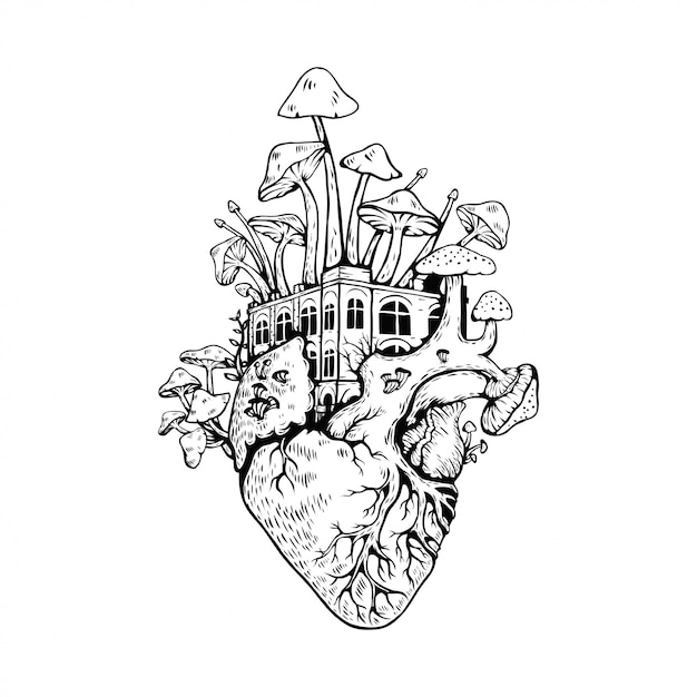 Premium Vector Illustration anatomical heart with mushrooms