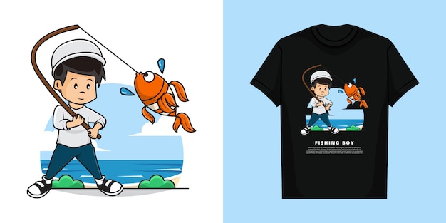 かわいい男の子のイラストとtシャツは釣りです プレミアムベクター