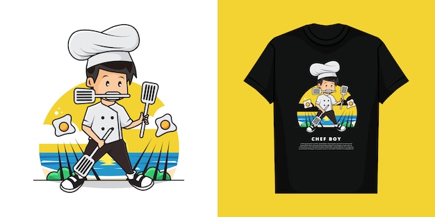 かわいいシェフの男の子のイラストとtシャツのテンプレートデザインは 3つのへらを使用して目玉焼きを調理しています プレミアムベクター