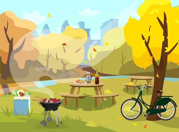 Premium Vector | Illustration of autumn landscape in park. picnic table ...