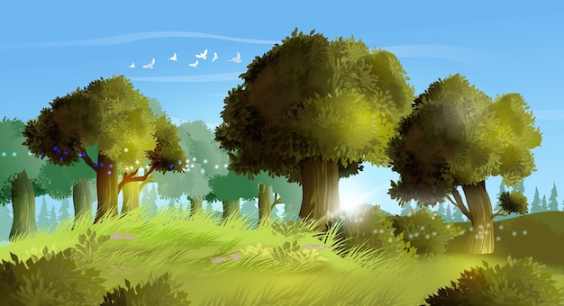 現実的な夏の森のイラスト背景 美しい木々 草 小さなフロバーのある丘の風景 緑の芝生と青い空と夏の風景 プレミアムベクター