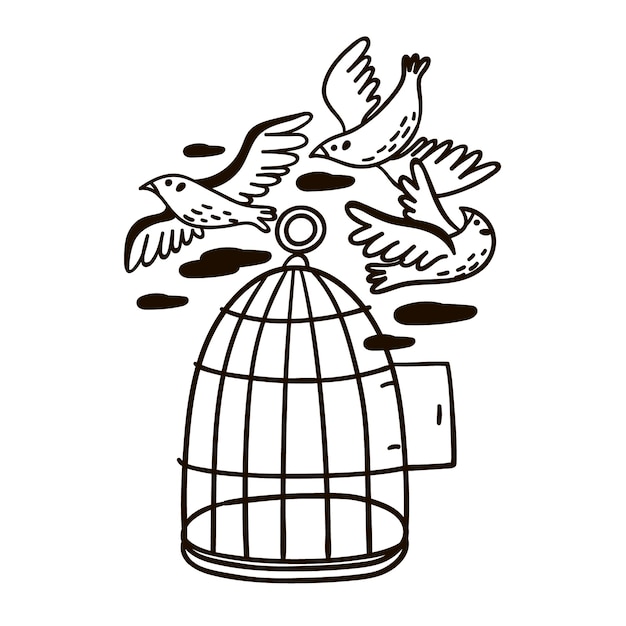 Premium Vector Illustration of a birds flying out of the cage. black