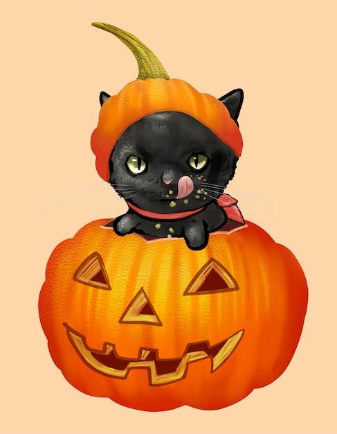 Download Free Vector | Illustration of a black cat in pumpkin icon ...