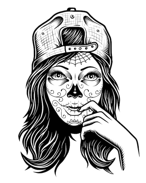 Download Illustration of black and white skull girl with cap on ...
