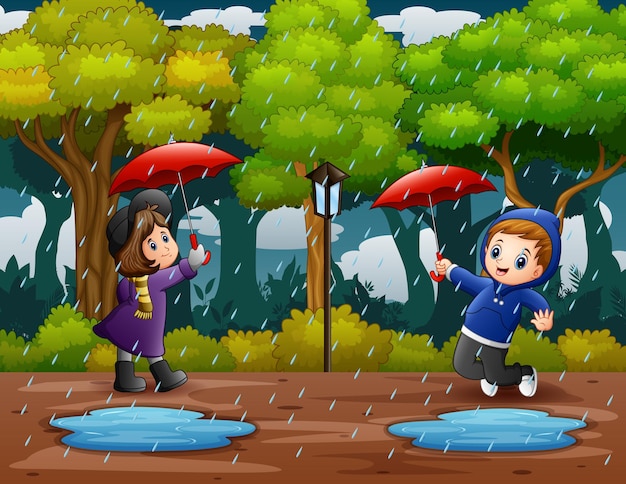 Premium Vector | Illustration of a boy and girl under umbrella in rain