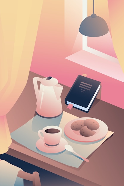 Illustration of breakfast in the interior, life in the morning. Premium Vector