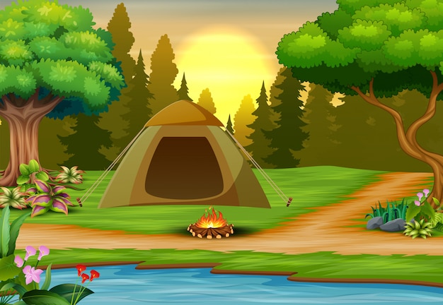 Premium Vector | Illustration of campsite on sunset landscape