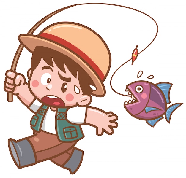 Download Illustration of cartoon fishing boy scaring fish | Premium ...