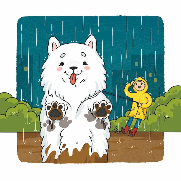 イラスト漫画幸せな汚い犬が雨の中を歩く プレミアムベクター