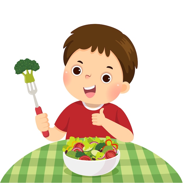 Premium Vector | Illustration cartoon of a little boy eating fresh