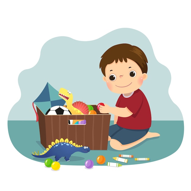 Premium Vector | Illustration cartoon of a little boy putting his toys ...