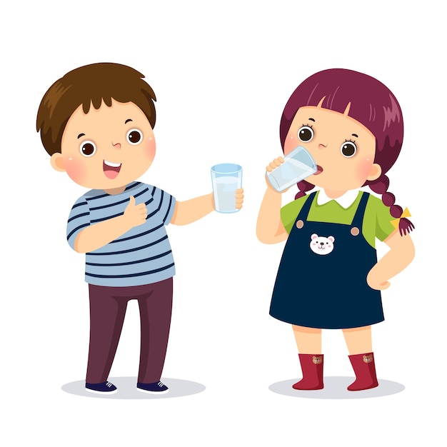 コップ一杯の水を持って 女の子が水を飲むと親指を立てるサインを示す小さな男の子のイラスト漫画 プレミアムベクター