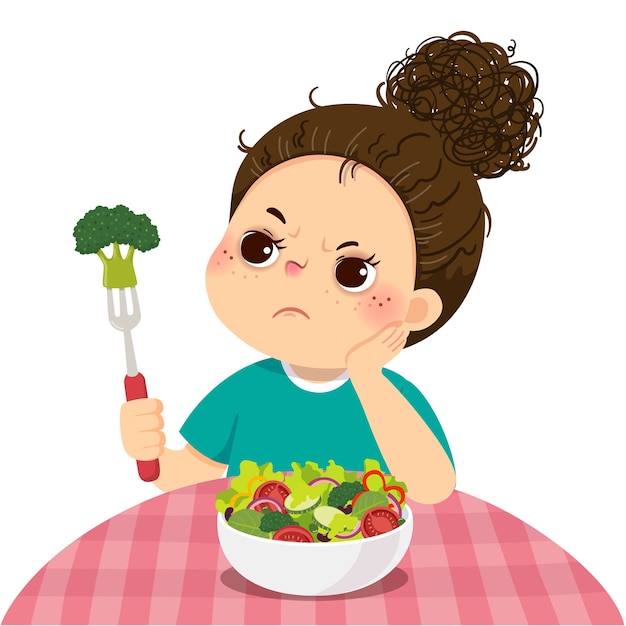 不幸な少女のイラスト漫画は新鮮な野菜サラダを食べたくないです プレミアムベクター