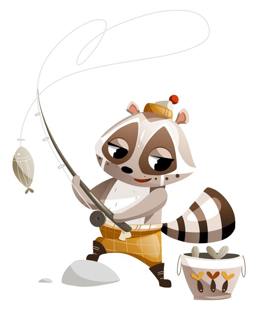 Premium Vector | Illustration of the cartoon raccoon character is fishing.