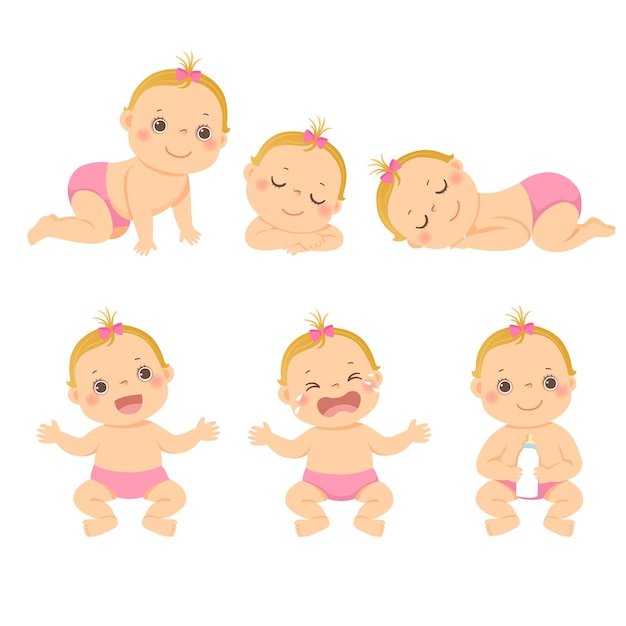 さまざまな活動のかわいい小さな赤ちゃんや幼児の女の子のイラスト漫画セット プレミアムベクター