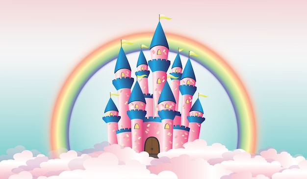 Illustration of castle among the clouds with rainbow on the background ...
