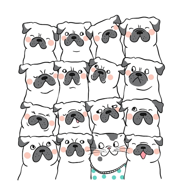 イラストの文字のデザインの肖像画かわいいパグの犬doodle Cartoon Style プレミアムベクター