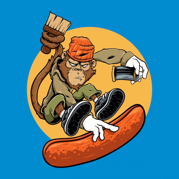 イラストキャラクターモンキージャンプグラフィティライディングスケートボード プレミアムベクター