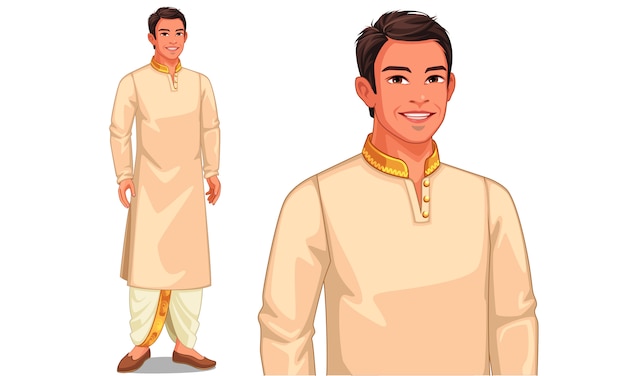 伝統的な衣装でインド人のイラストキャラクター プレミアムベクター