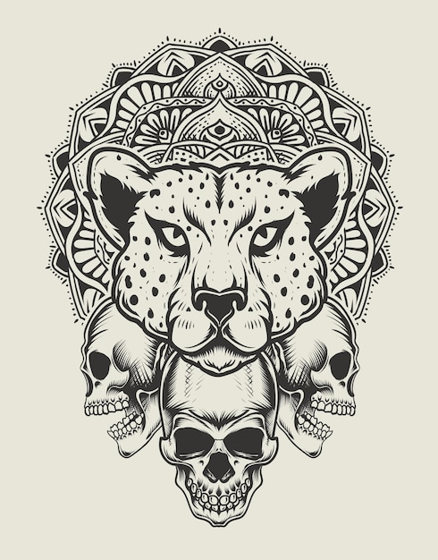 Premium Vector | Illustration cheetah head with skull and mandala ...