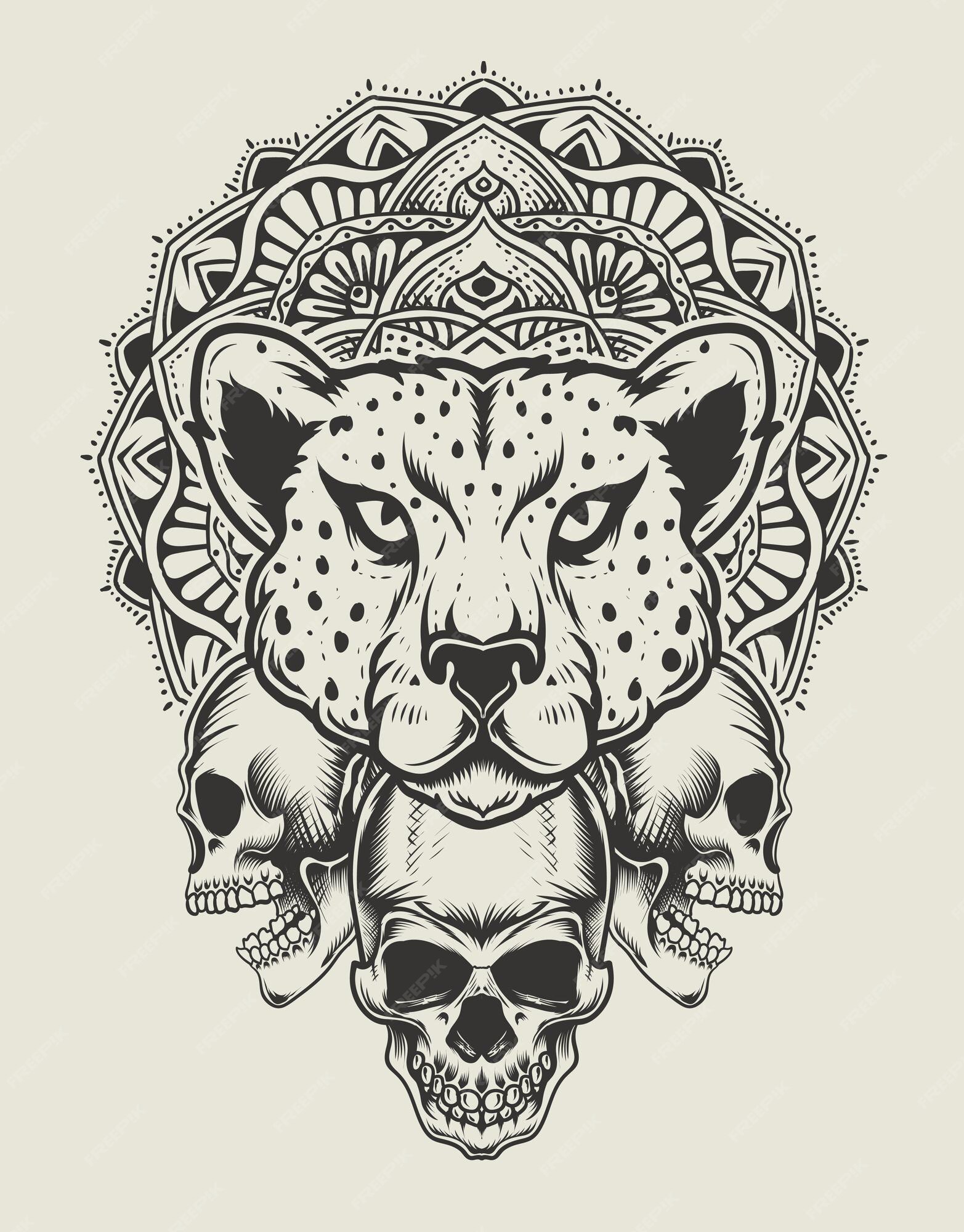 Premium Vector | Illustration cheetah head with skull and mandala ...