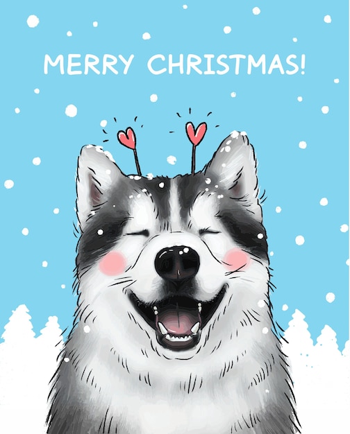 イラストクリスマスカードかわいい笑顔のハスキー プレミアムベクター
