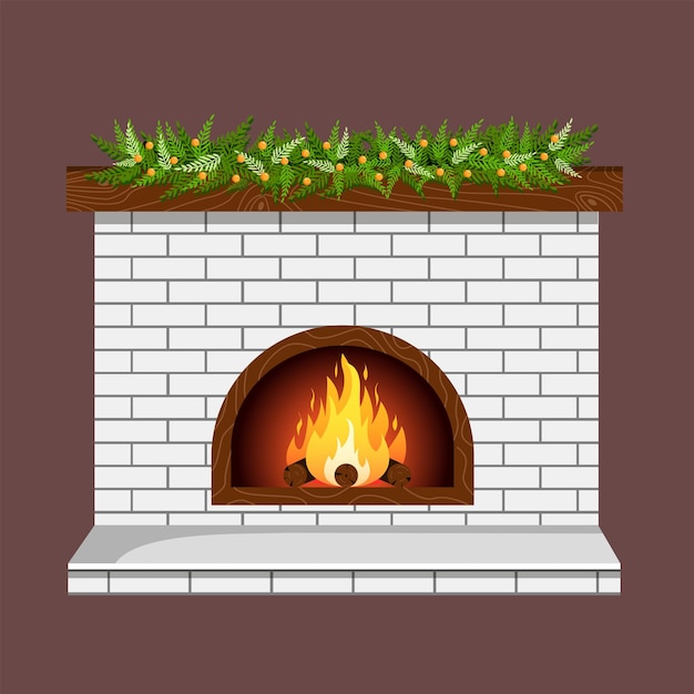 Premium Vector | Illustration of christmas fireplace with fir branches ...