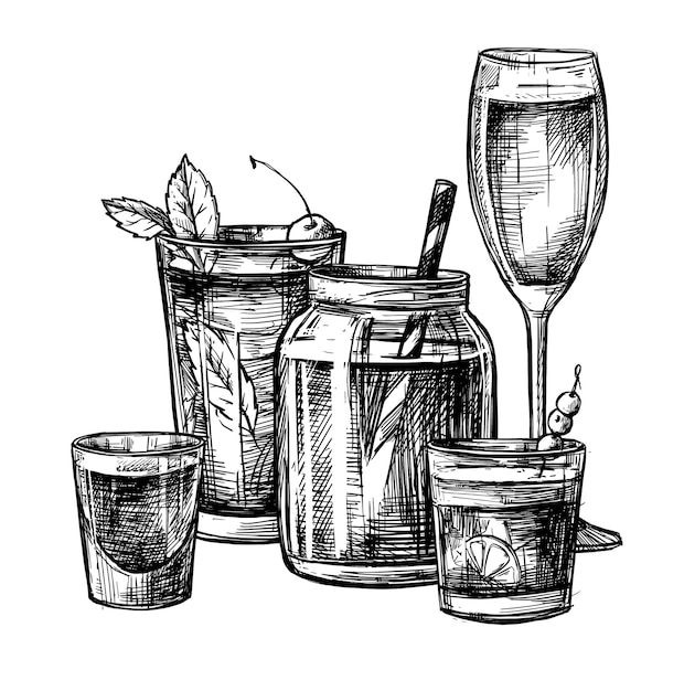 イラスト アルコールとノンアルコールのカクテルのコレクション プレミアムベクター