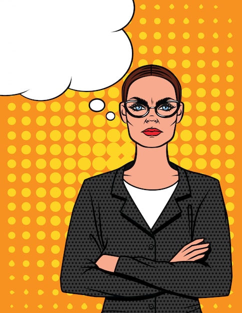 Download Illustration comic art style of angry woman in glasses with crossed arms | Premium Vector