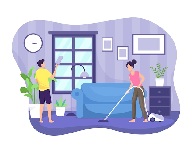 Premium Vector | Illustration couple cleaning the house