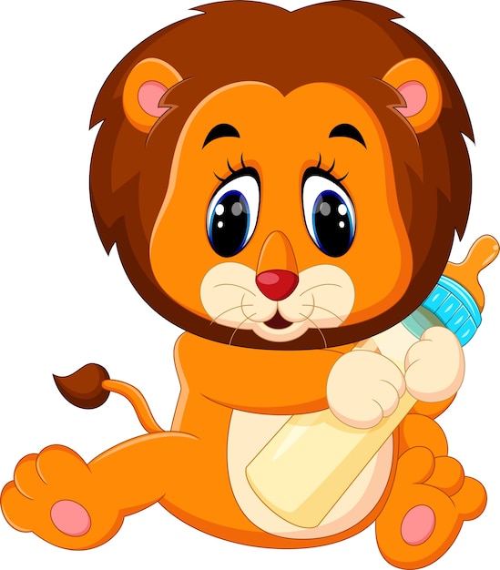 Premium Vector | Illustration of cute baby lion holding milk bottle