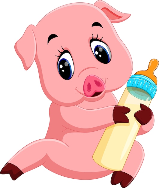 Download Illustration of cute baby pig holding milk bottle | Premium Vector