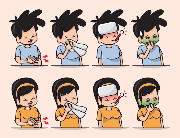 Premium Vector | Illustration of cute boy and girl sick feeling unwell,  headache, having cold, seasonal flu, cough and running nose
