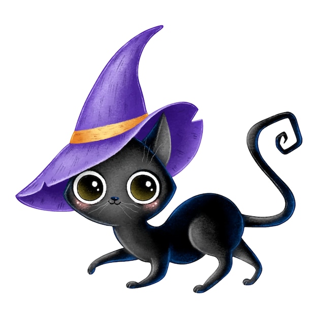 Illustration of cute cartoon black witch cat with purple wizard hat