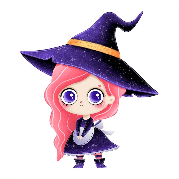 Illustration of cute cartoon little witch with pink hair | Premium Vector