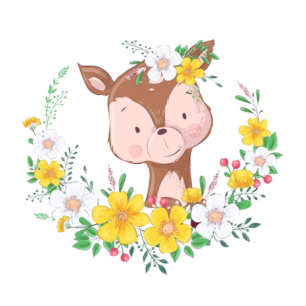 Download Illustration of cute little deer in a wreath of flowers ...