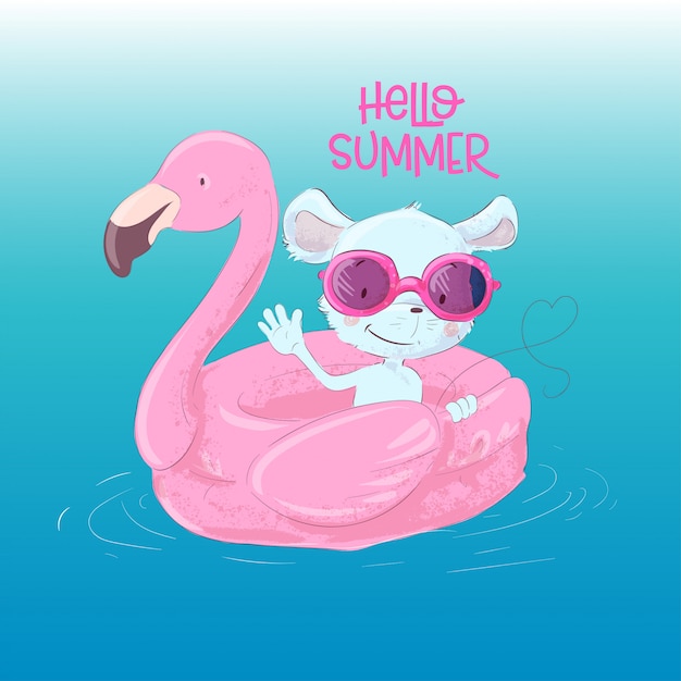 Illustration of a cute maus on an inflatable circle in the form of a flamingos. hello summer Premium Vector