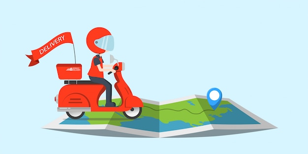 イラスト配達乗り物オートバイサービスかわいいキャラクターマップ付き 多くの支店を注文世界中への配送 迅速かつ無料の輸送 食品エクスプレス 漫画のオンラインショッピング プレミアムベクター