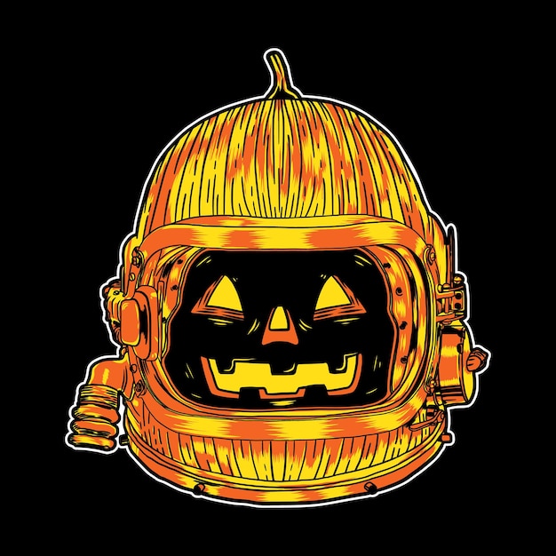 黒の背景に宇宙飛行士のヘルメットとハロウィーンのカボチャのキャラクターのイラストデザイン プレミアムベクター