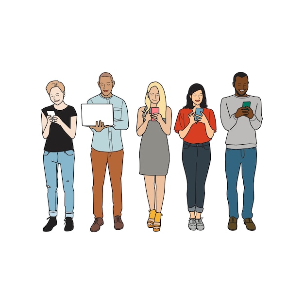Illustration of diverse people using digital devices Free Vector