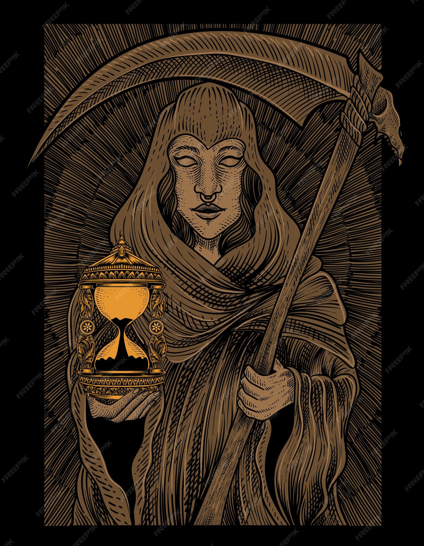 Premium Vector | Illustration eagle death angel woman with engraving style