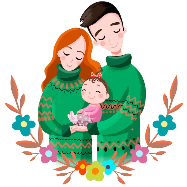 イラスト家族のお母さんお父さんと緑のセーターの女の赤ちゃんかわいい美しい プレミアムベクター