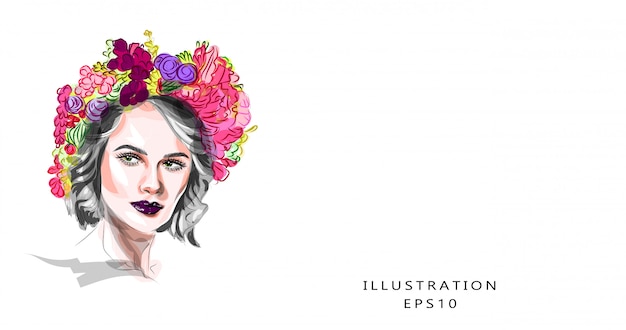 イラスト メイクと美容をテーマにしたファッションのイラスト 美しい女性の卵のクローズアップ 美しい目と彼女の頭の上の花の花輪を持つ少女 春のイメージ プレミアムベクター