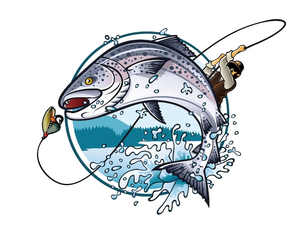 Illustration of an fisherman is pulling fishing rod while salmon jumping to catch the bait Premium Vector